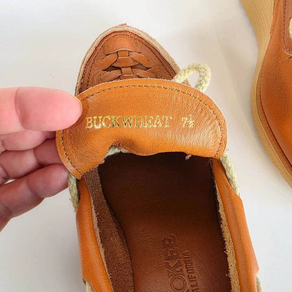 Vintage 70s Cherokee Buckwheat Platform Wedges Caramel Leather‎ Boho Shoes 7.5 N
